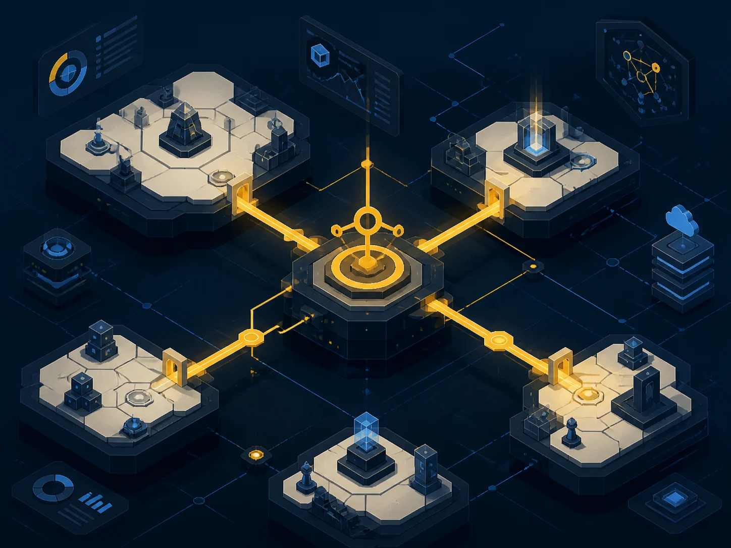 Arquitectura de videojuego conectada representada como un mundo estratégico de plataformas y nodos